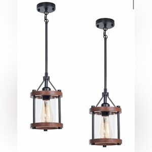 NEW 2 Farmhouse Pendant Rustic Walnut Wood & Metal Hanging Light Fixtures Glass